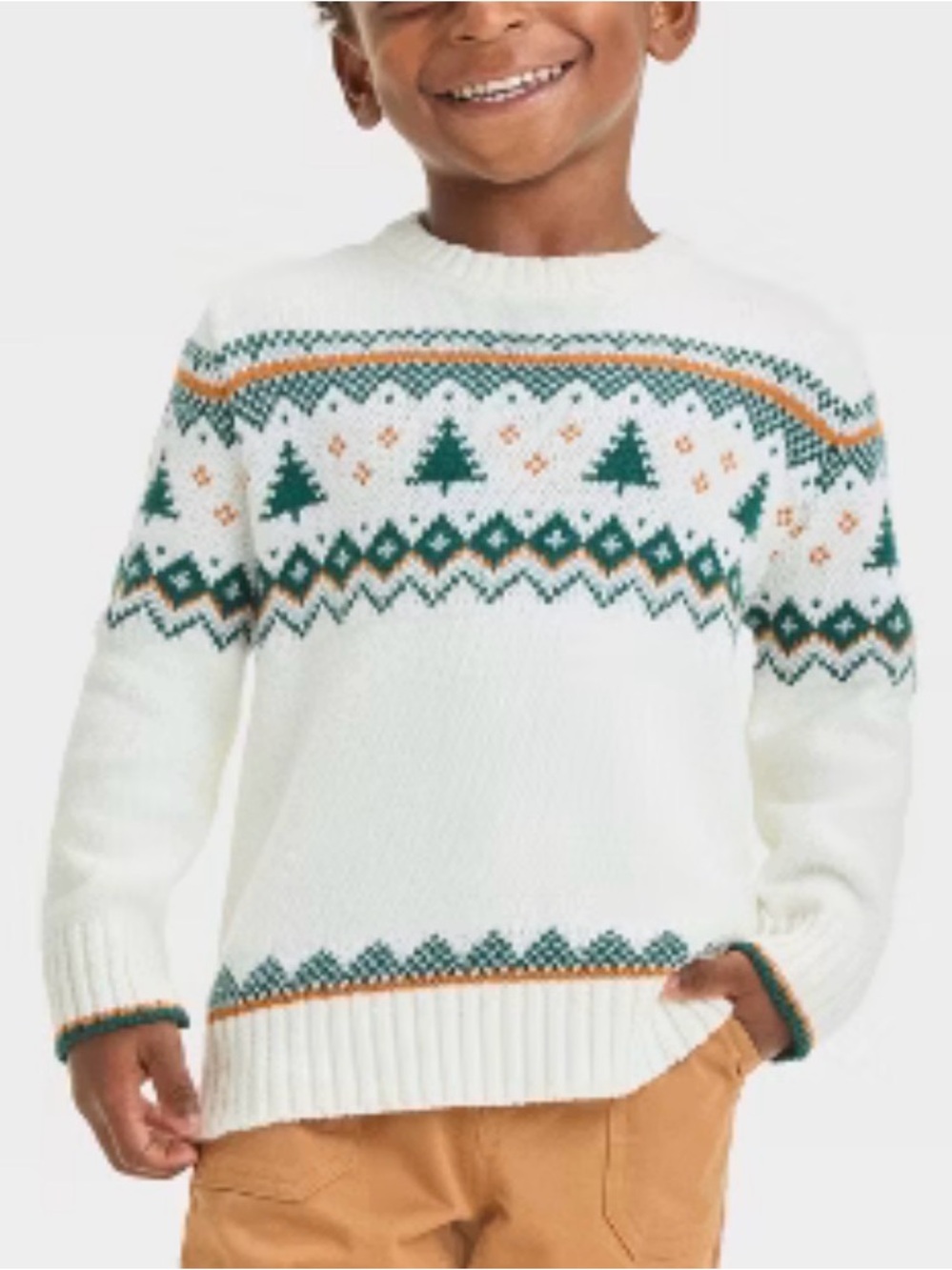 NWT Cat & Jack White Fair Isle Crewneck Sweater with Green and Gold Accent Sz 3t